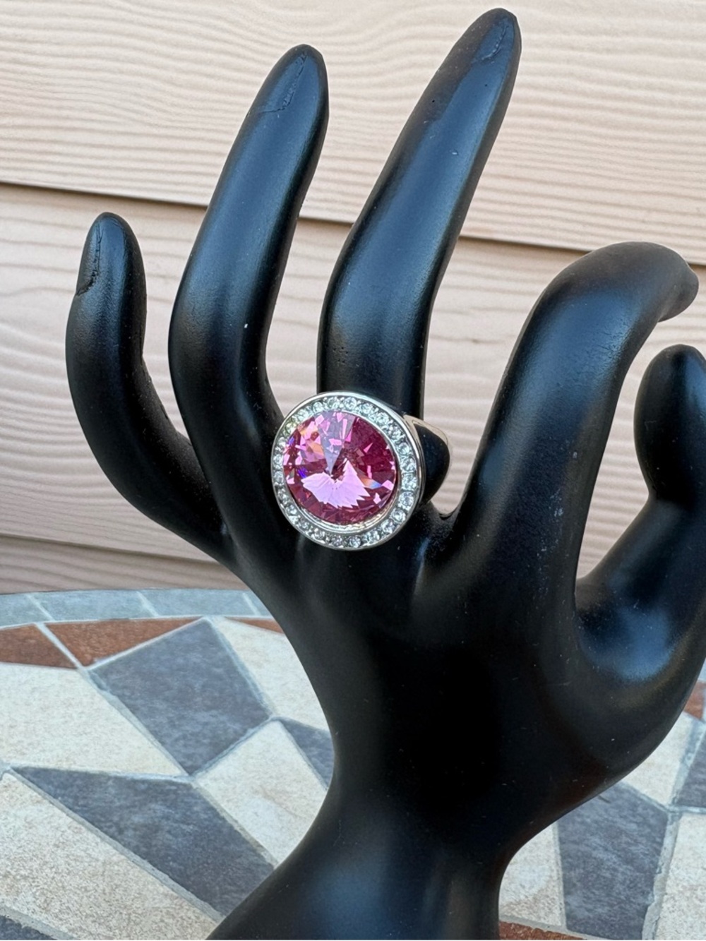 Pink Crystal Cocktail Ring with Halo Accent